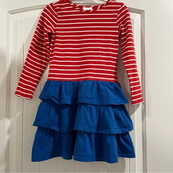 Hanna Andersson Twirl Long Sleeve Dress Girl's 8 Ruffles Red Blue White Stripes - Picture 1 of 6
